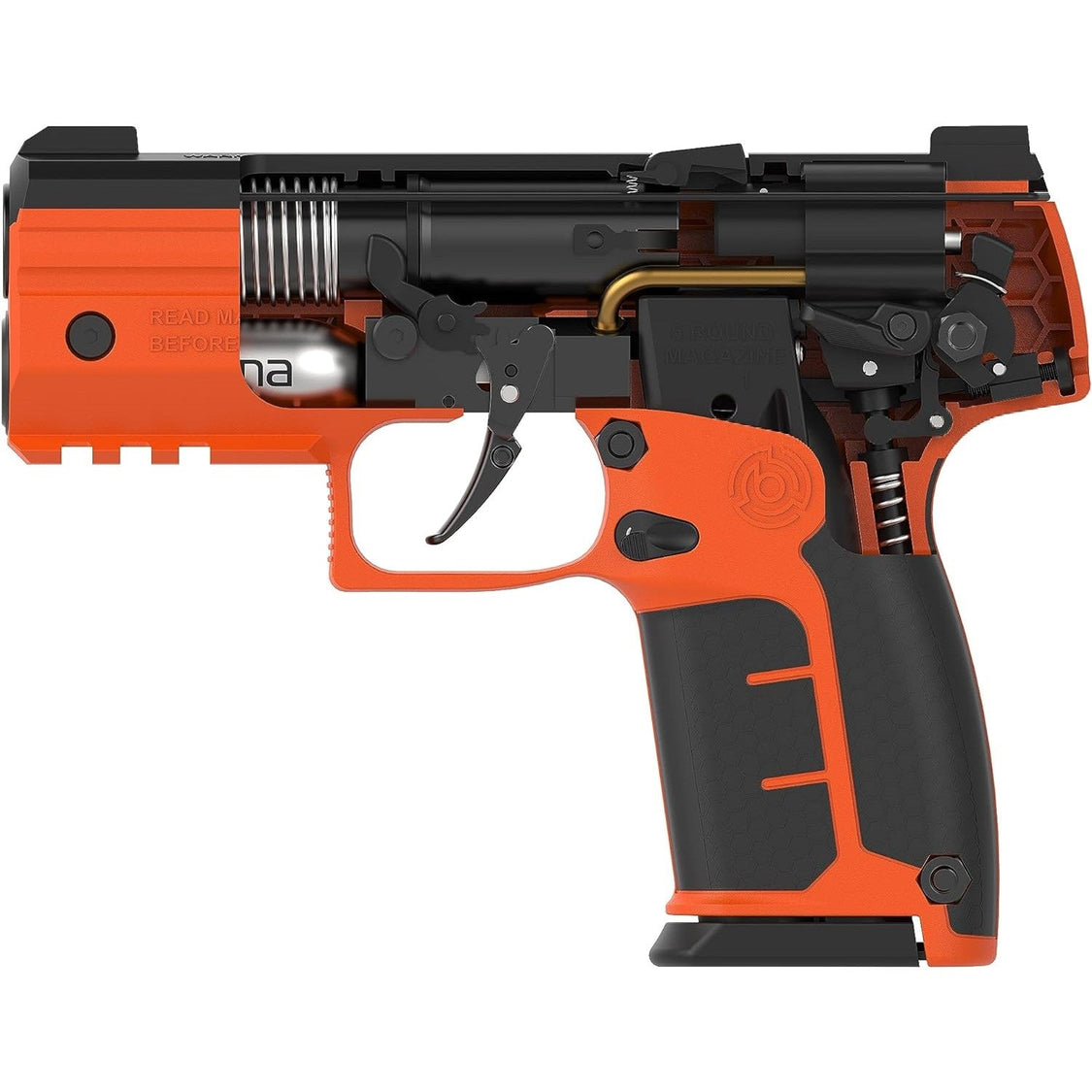 Byrna SD Kinetic Non‑Lethal CA‑Legal Projectile Gun Bundle – CO₂‑powered .68 caliber launcher kit including two 5‑round magazines, two 8 g CO₂ cylinders, tubes of kinetic, eco‑kinetic, and training rounds, plus a carrying case; delivers effective non‑lethal defense out to 60 ft, ambidextrous safety, Picatinny rail, and honeycomb grip, in white background.