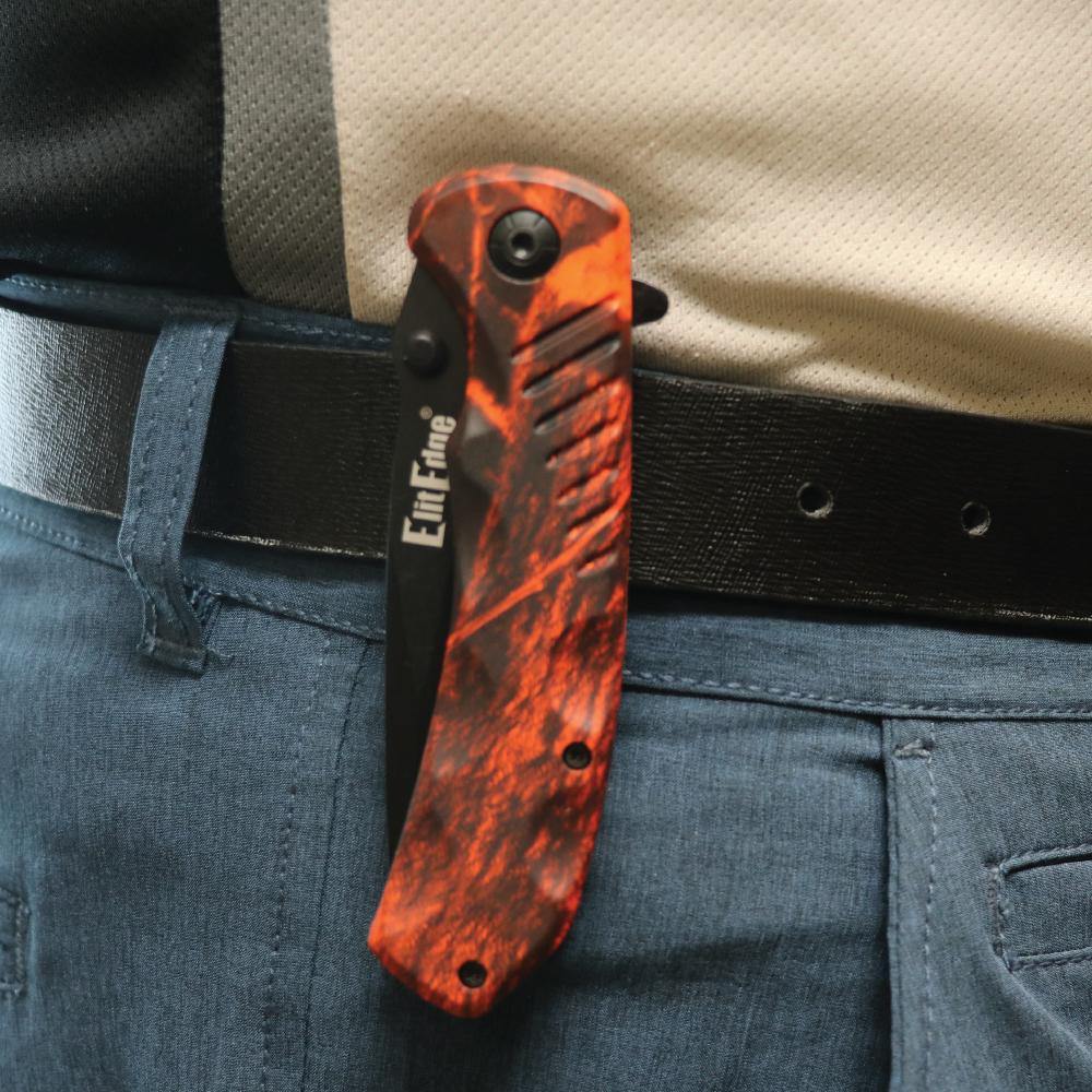 Someone carrying Everyday 8" Tactical Knife - versatile folding knife equipped with a seatbelt cutter and glass breaker, designed for daily use and emergency situations.