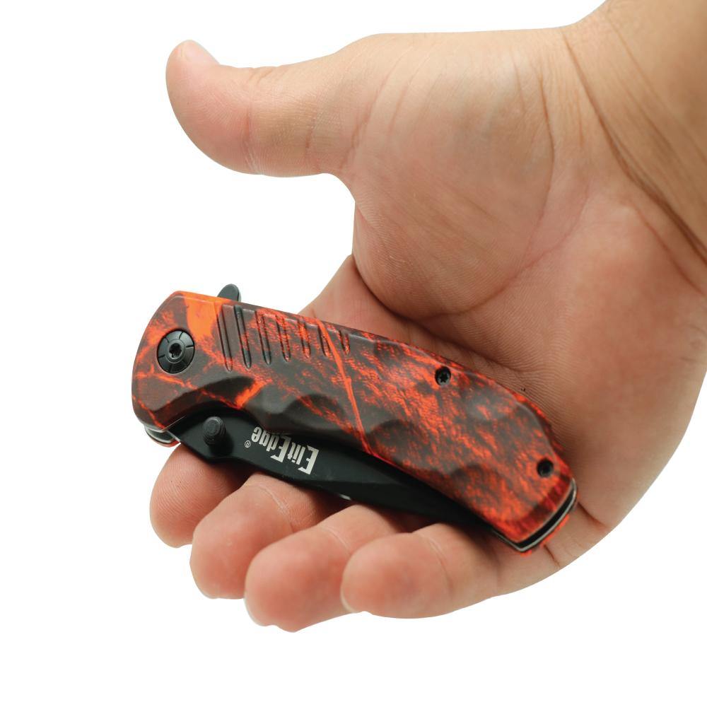 Someone holding Everyday 8" Tactical Knife - versatile folding knife equipped with a seatbelt cutter and glass breaker, designed for daily use and emergency situations, in white background.