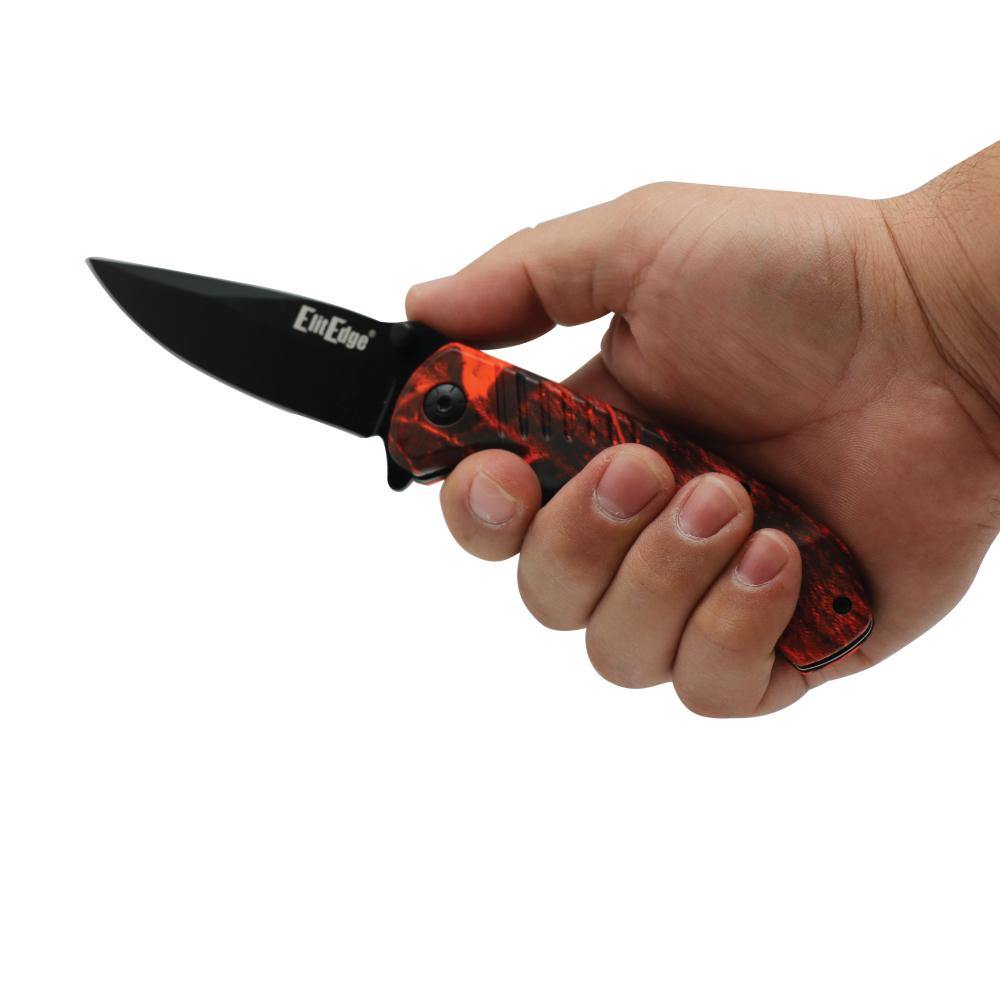 Someone holding Everyday 8" Tactical Knife - versatile folding knife equipped with a seatbelt cutter and glass breaker, designed for daily use and emergency situations, in white background.