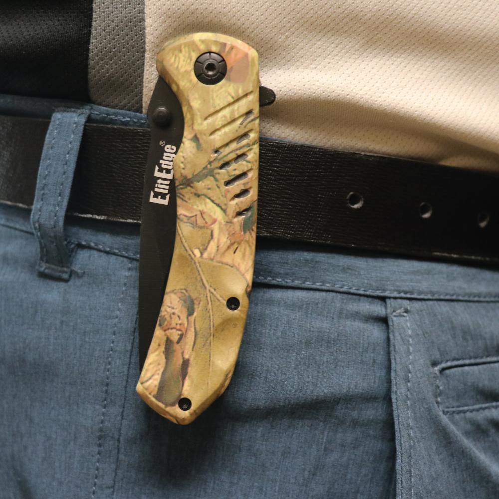 Someone carrying Everyday 8" Tactical Knife - versatile folding knife equipped with a seatbelt cutter and glass breaker, designed for daily use and emergency situations.