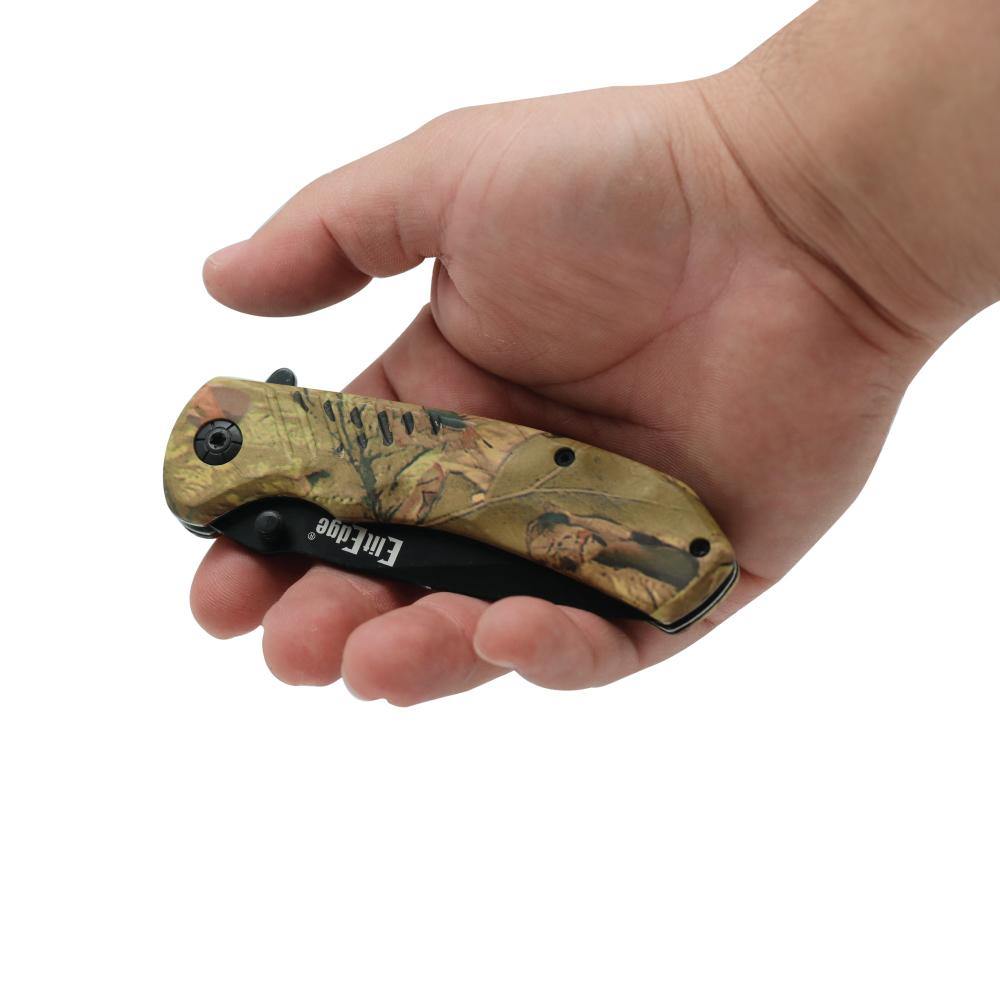 Someone holding Everyday 8" Tactical Knife - versatile folding knife equipped with a seatbelt cutter and glass breaker, designed for daily use and emergency situations, in white background.