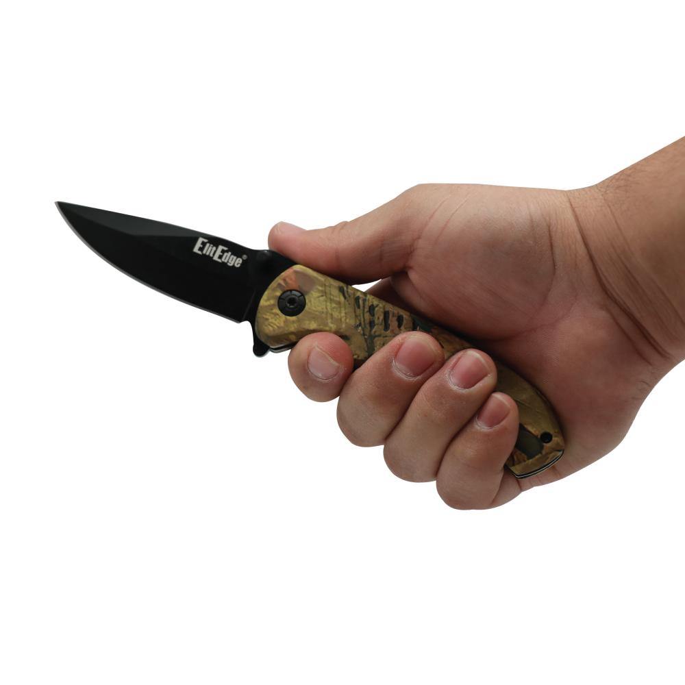Someone holding Everyday 8" Tactical Knife - versatile folding knife equipped with a seatbelt cutter and glass breaker, designed for daily use and emergency situations, in white background.