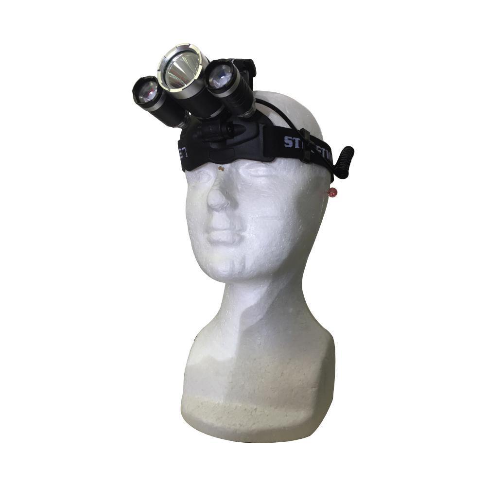 Extreme T6 LED Headlight – powerful and adjustable headlamp with T6 LED technology, ideal for hands-free lighting during outdoor and tactical activities, on mannequin, in white background.