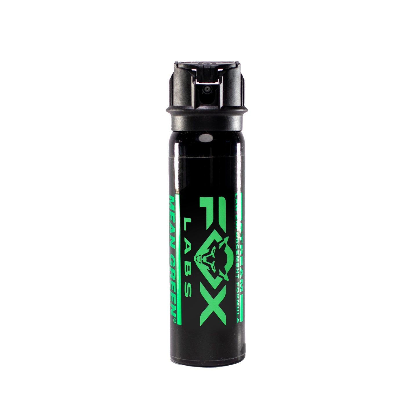 Fox Labs Mean Green Pepper Spray – high-strength self-defense spray (3 million SHU) featuring a visible green dye marker for easy assailant identification, available in 0.5 oz to 3 oz sizes and cone fog or stream delivery, with spring-loaded flip-top safety and non-flammable, TASER-safe formula, in white background.