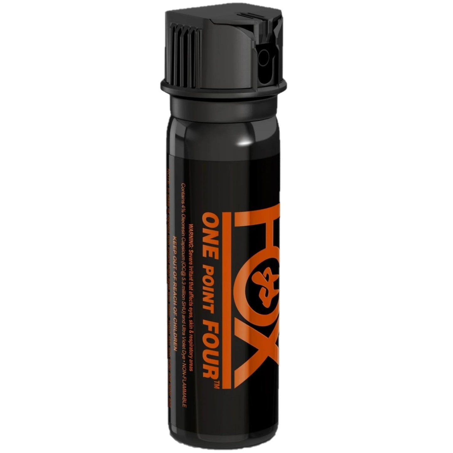 Fox Labs One Point Four Pepper Spray – ultra-high strength oil‑based stream spray with 5.3 million Scoville units doubled (1.4% MC), offering up to 16 ft range and an 8‑second discharge in a compact hard-shell flip‑top canister with UV marking dye, favored by law enforcement, in white background.