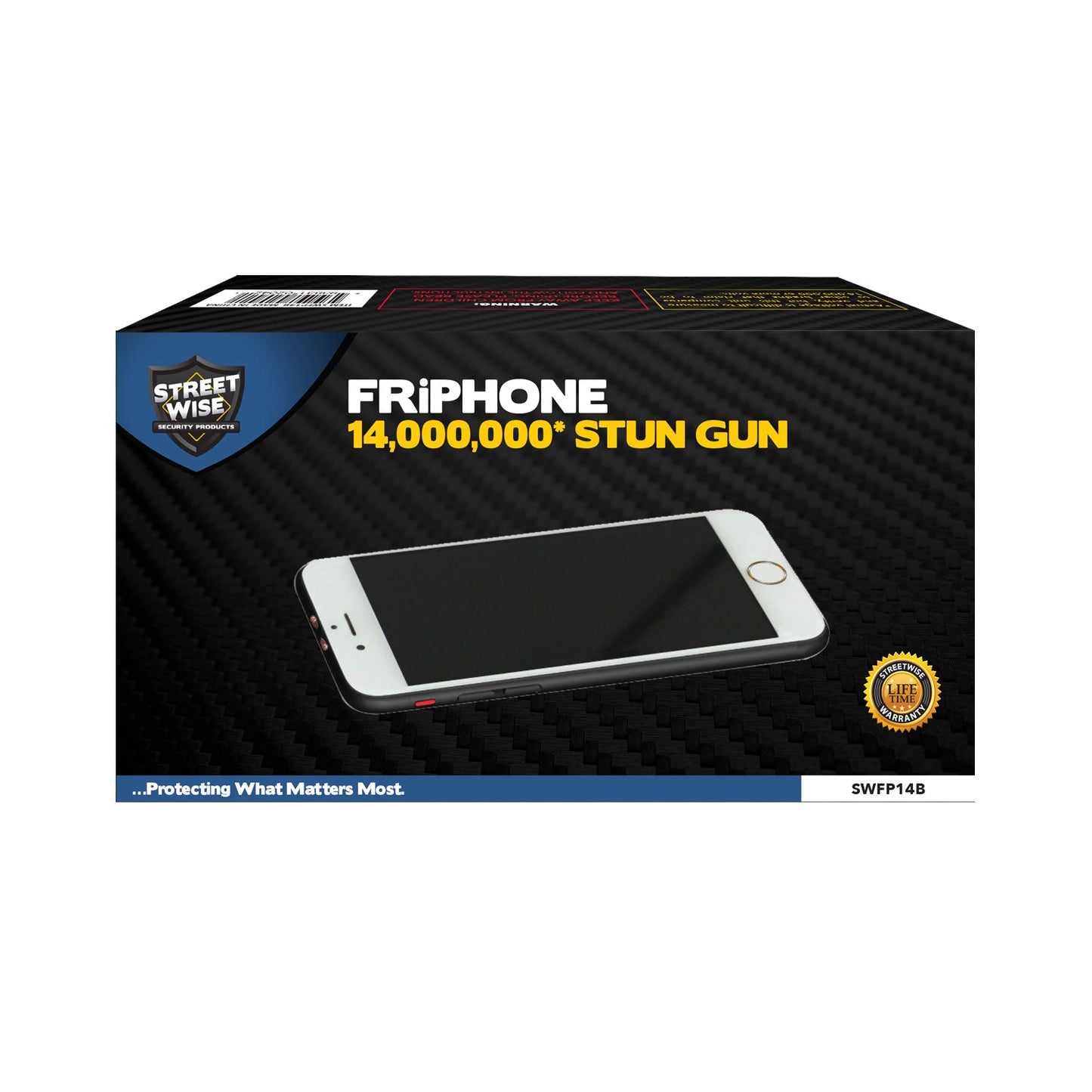 Product box of Friphone 14,000,000 Stun Gun - cleverly disguised as a smartphone, this high-voltage stun gun offers discreet and effective personal protection, in white background.