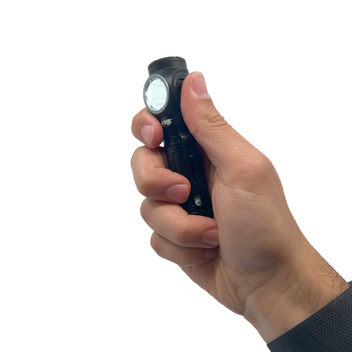 Someone holding GF Thunder Compact 1000 Lumen Light with Magnetic Base – rechargeable 4.25″ tactical flashlight featuring a 10 W LED with five light modes (100 %, 50 %, 10 %, SOS, strobe), IPX7 waterproof rating, shock resistance to 1.5 m, a built-in magnetic base for hands-free use, metal clip, and included headband, in white background.