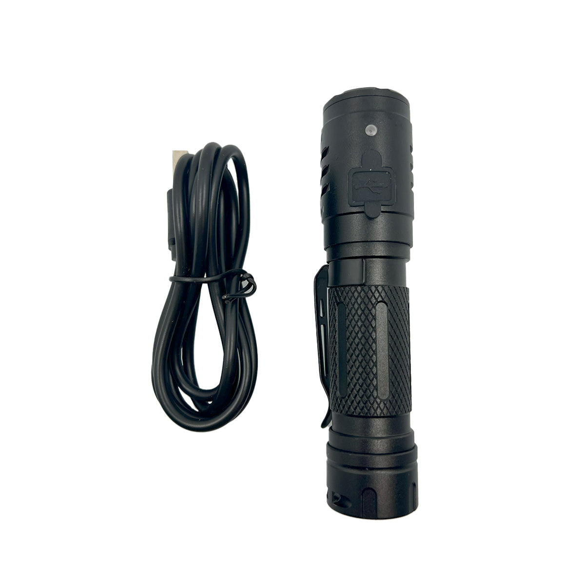 GF Thunder Compact 1000 Lumen Light with Magnetic Base – rechargeable 4.25″ tactical flashlight featuring a 10 W LED with five light modes (100 %, 50 %, 10 %, SOS, strobe), IPX7 waterproof rating, shock resistance to 1.5 m, a built-in magnetic base for hands-free use, metal clip, and included headband, in white background.