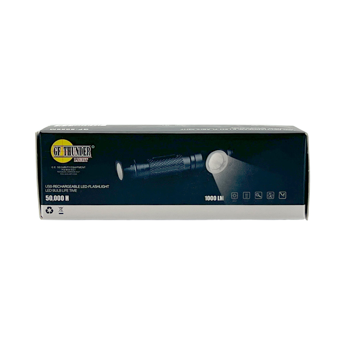 Product box for GF Thunder Compact 1000 Lumen Light with Magnetic Base – rechargeable 4.25″ tactical flashlight featuring a 10 W LED with five light modes (100 %, 50 %, 10 %, SOS, strobe), IPX7 waterproof rating, shock resistance to 1.5 m, a built-in magnetic base for hands-free use, metal clip, and included headband, in white background.