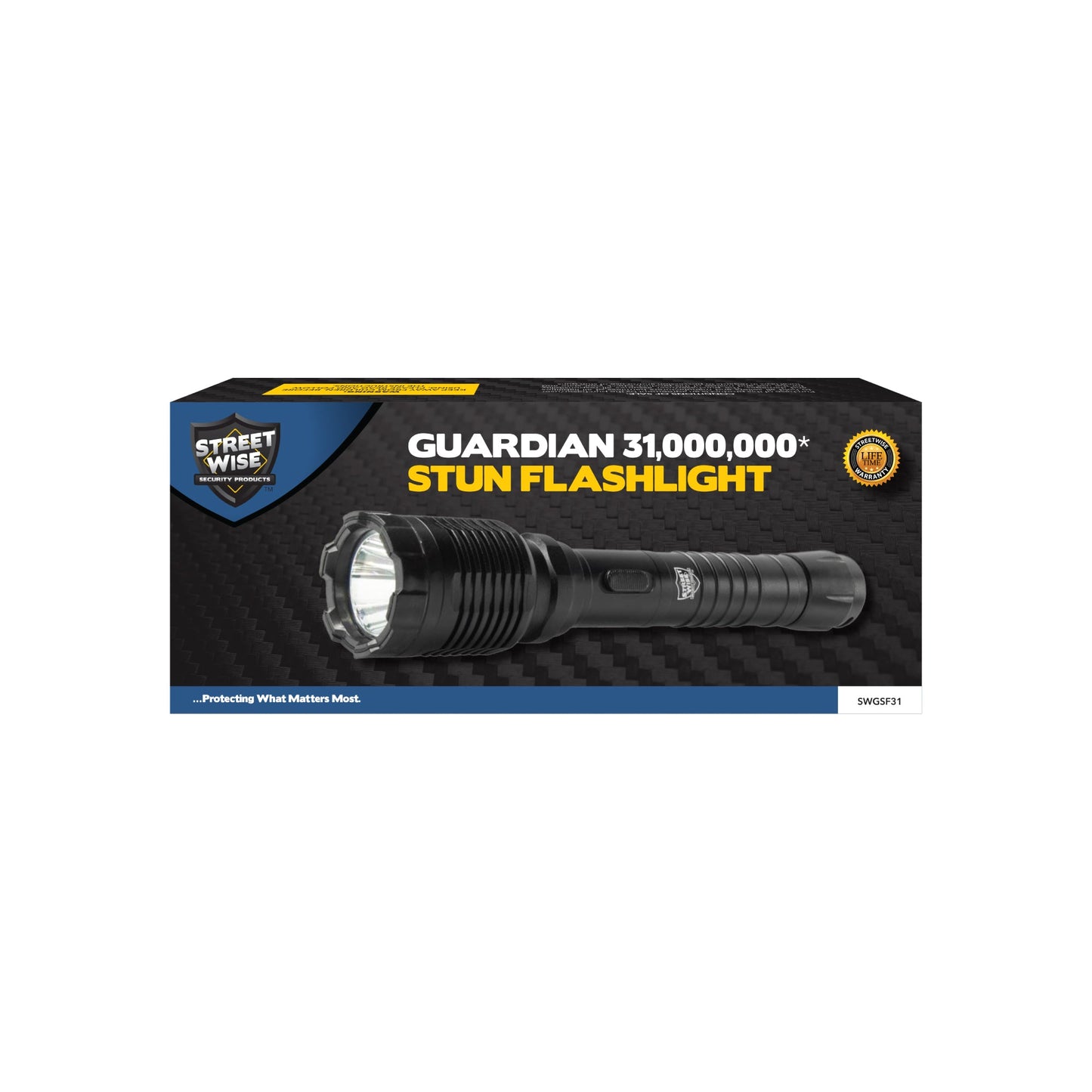 Product box for Guardian 31,000,000 Stun Gun Flashlight - compact and powerful flashlight combined with a high-voltage stun gun, designed for reliable self-defense and everyday carry, in white background.