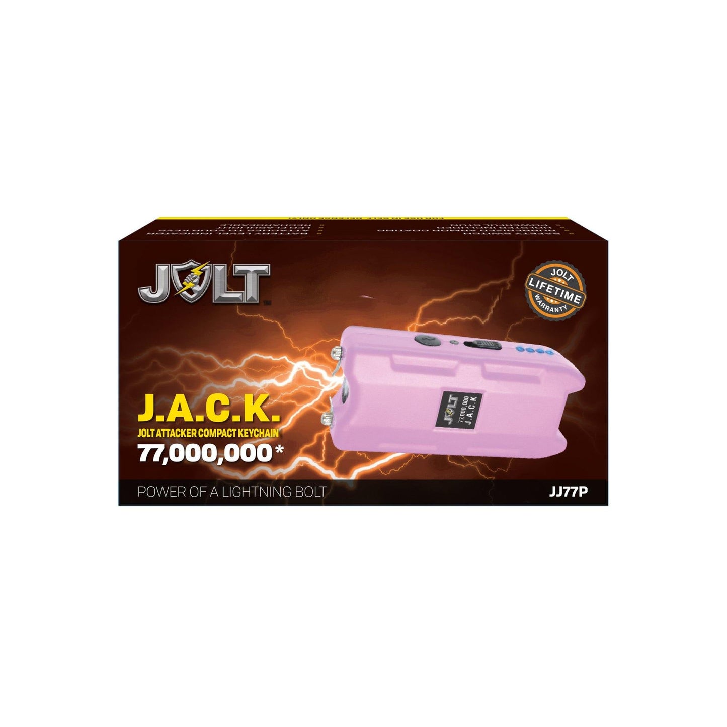 Product box for JACK 77,000,000 Stun Gun - compact and high-powered self-defense device designed for easy handling and quick response in emergencies, in white background.