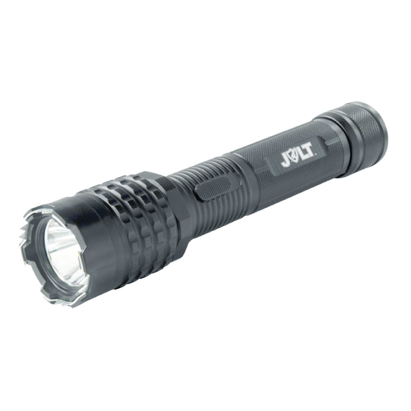 Jaws Tactical 96,000,000 Stun Flashlight - heavy-duty self-defense flashlight featuring a high-voltage stun gun and reinforced design for powerful personal protection, in white background.