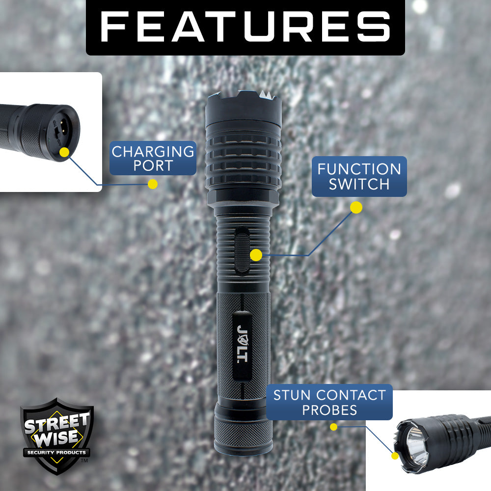 Features of Jaws Tactical 96,000,000 Stun Flashlight - heavy-duty self-defense flashlight featuring a high-voltage stun gun and reinforced design for powerful personal protection, in white background.