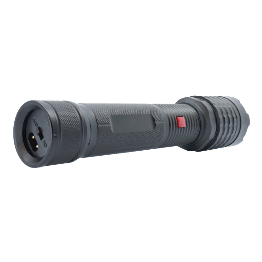Jaws Tactical 96,000,000 Stun Flashlight - heavy-duty self-defense flashlight featuring a high-voltage stun gun and reinforced design for powerful personal protection, in white background.