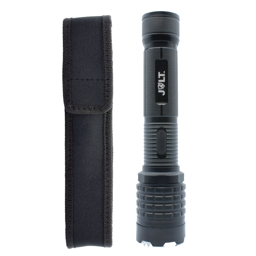 Jaws Tactical 96,000,000 Stun Flashlight - heavy-duty self-defense flashlight featuring a high-voltage stun gun and reinforced design for powerful personal protection, in white background.