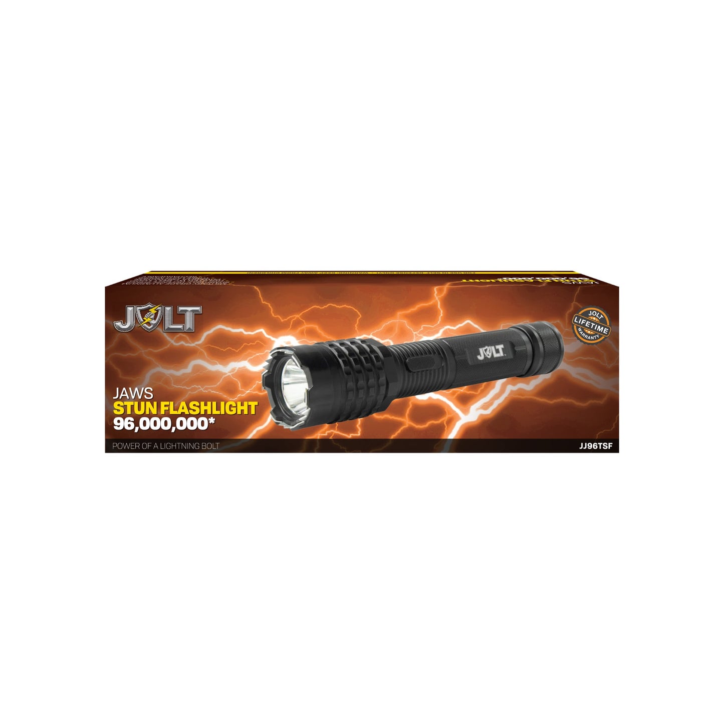 Product box for Jaws Tactical 96,000,000 Stun Flashlight - heavy-duty self-defense flashlight featuring a high-voltage stun gun and reinforced design for powerful personal protection, in white background.