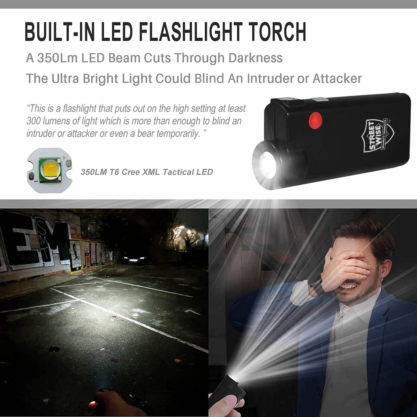 Knight Light Alarm & Flashlight – dual-function personal safety device combining a loud alarm and a bright flashlight for emergency situations, illuminating and blinding a person.