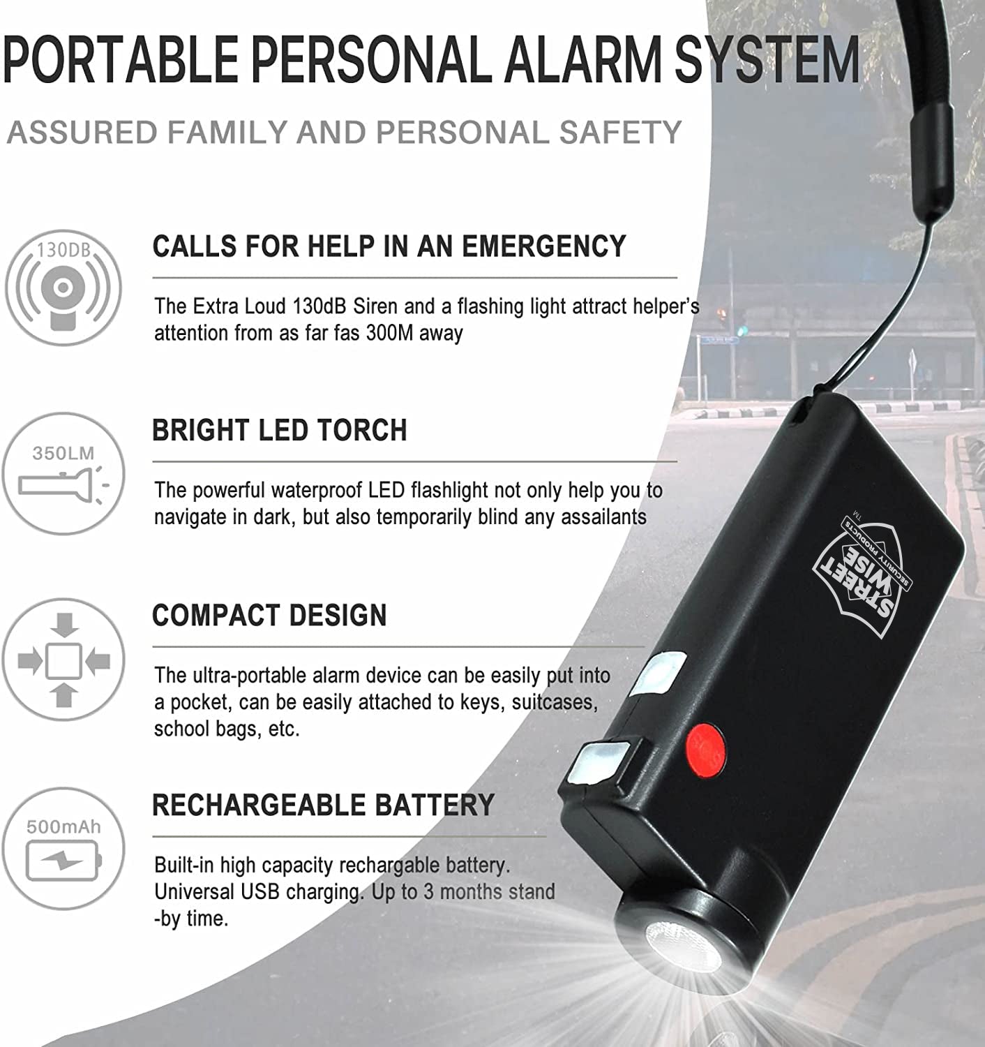 Features of Knight Light Alarm & Flashlight – dual-function personal safety device combining a loud alarm and a bright flashlight for emergency situations.