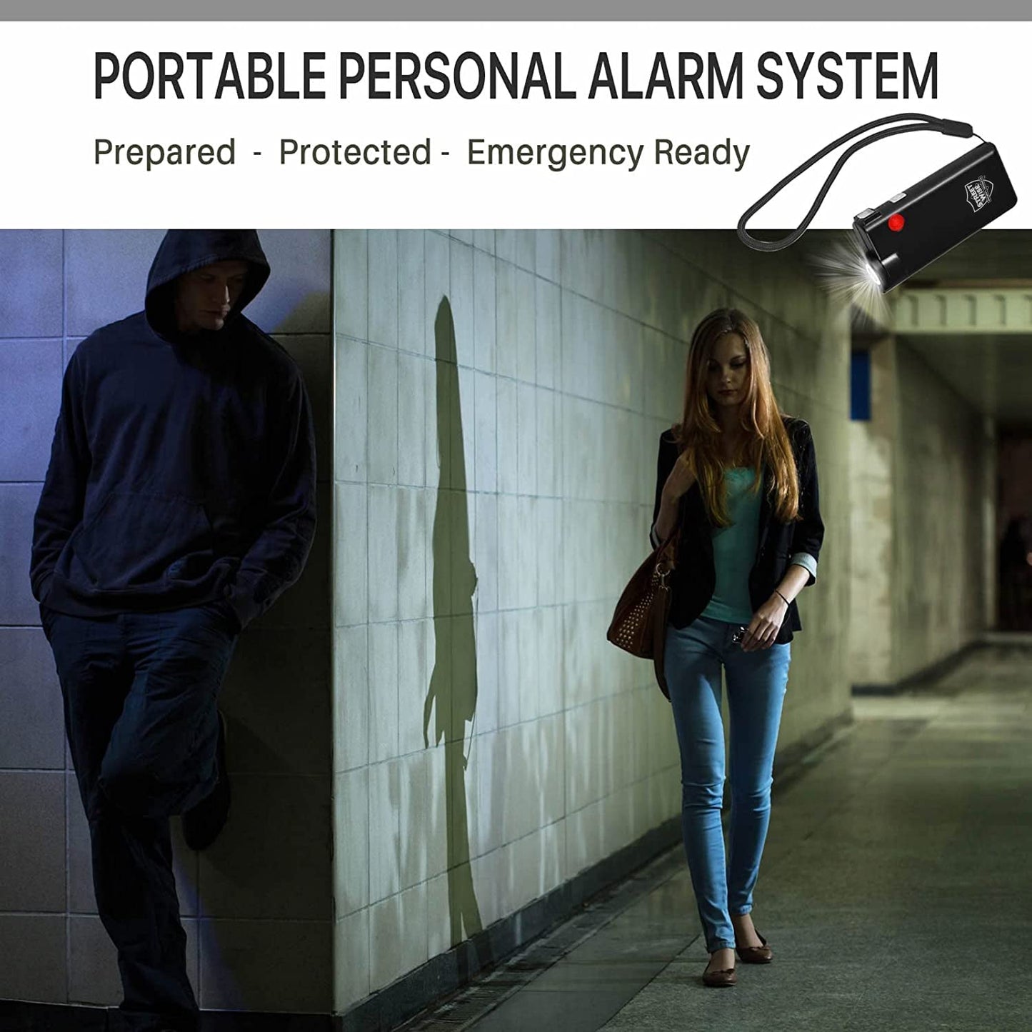 Woman walking with Knight Light Alarm & Flashlight – dual-function personal safety device combining a loud alarm and a bright flashlight for emergency situations.