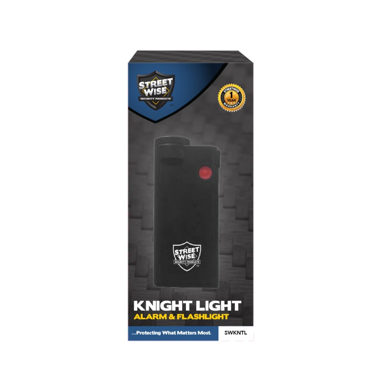 Product box for Knight Light Alarm & Flashlight – dual-function personal safety device combining a loud alarm and a bright flashlight for emergency situations, in white background.