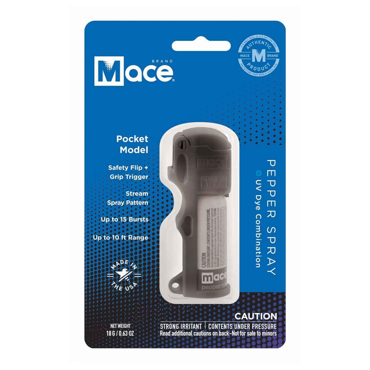 Package for Mace Pocket Model Stream Pepper Spray – compact self-defense spray with a focused stream pattern delivering up to 10 ft of range, flip-top safety cap, finger-grip design, and UV dye for attacker identification, in white background.