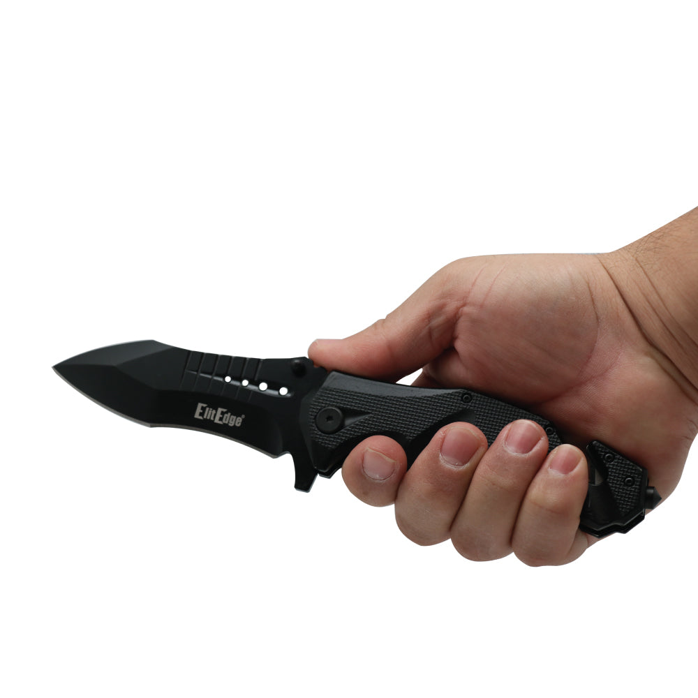 Someone holding Military Grade 9" Tactical Rescue Knife - heavy-duty folding knife featuring a seatbelt cutter and glass breaker, built for tough emergency and tactical situations, in white background.