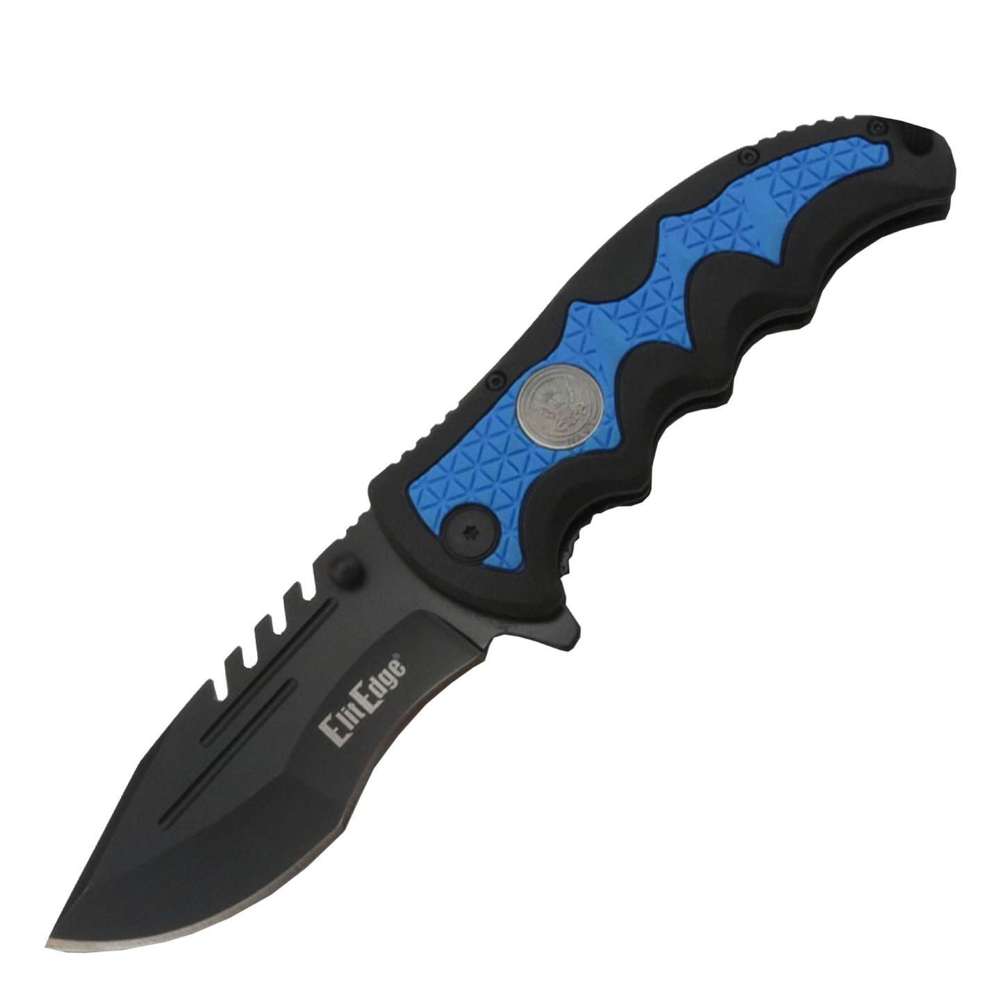 Military Medallion 8.5" Rescue Knife - sturdy folding rescue knife featuring a military medallion design, equipped with a seatbelt cutter and glass breaker for emergencies, in white background.