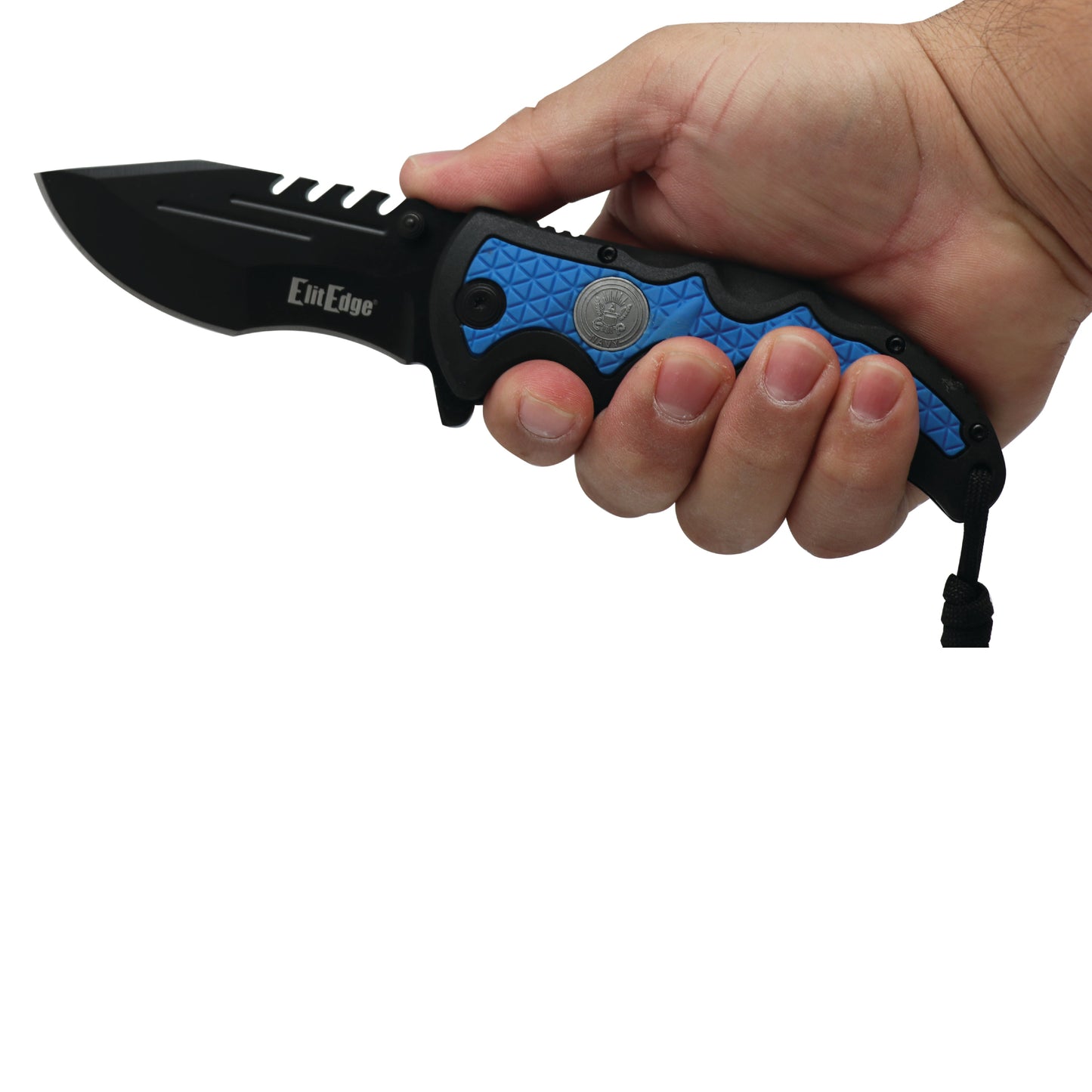 Someone holding Military Medallion 8.5" Rescue Knife - sturdy folding rescue knife featuring a military medallion design, equipped with a seatbelt cutter and glass breaker for emergencies, in white background.
