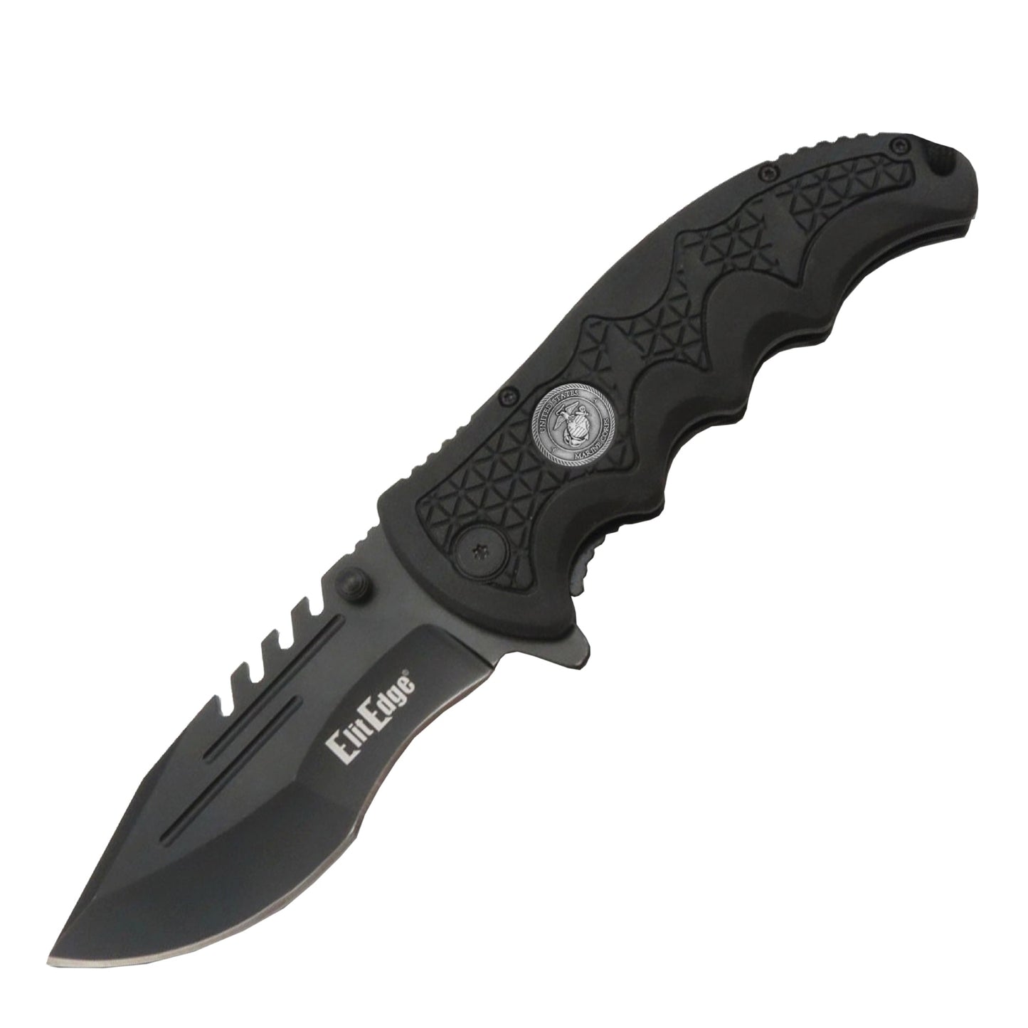 Military Medallion 8.5" Rescue Knife - sturdy folding rescue knife featuring a military medallion design, equipped with a seatbelt cutter and glass breaker for emergencies, in white background.
