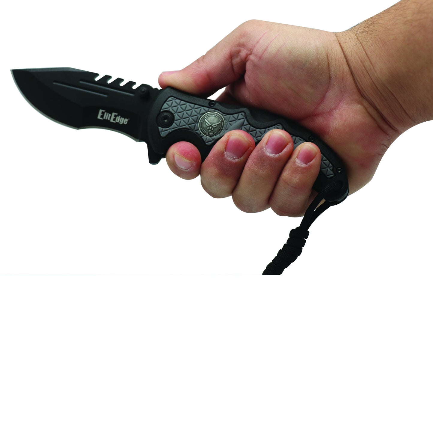 Someone holding Military Medallion 8.5" Rescue Knife - sturdy folding rescue knife featuring a military medallion design, equipped with a seatbelt cutter and glass breaker for emergencies, in white background.