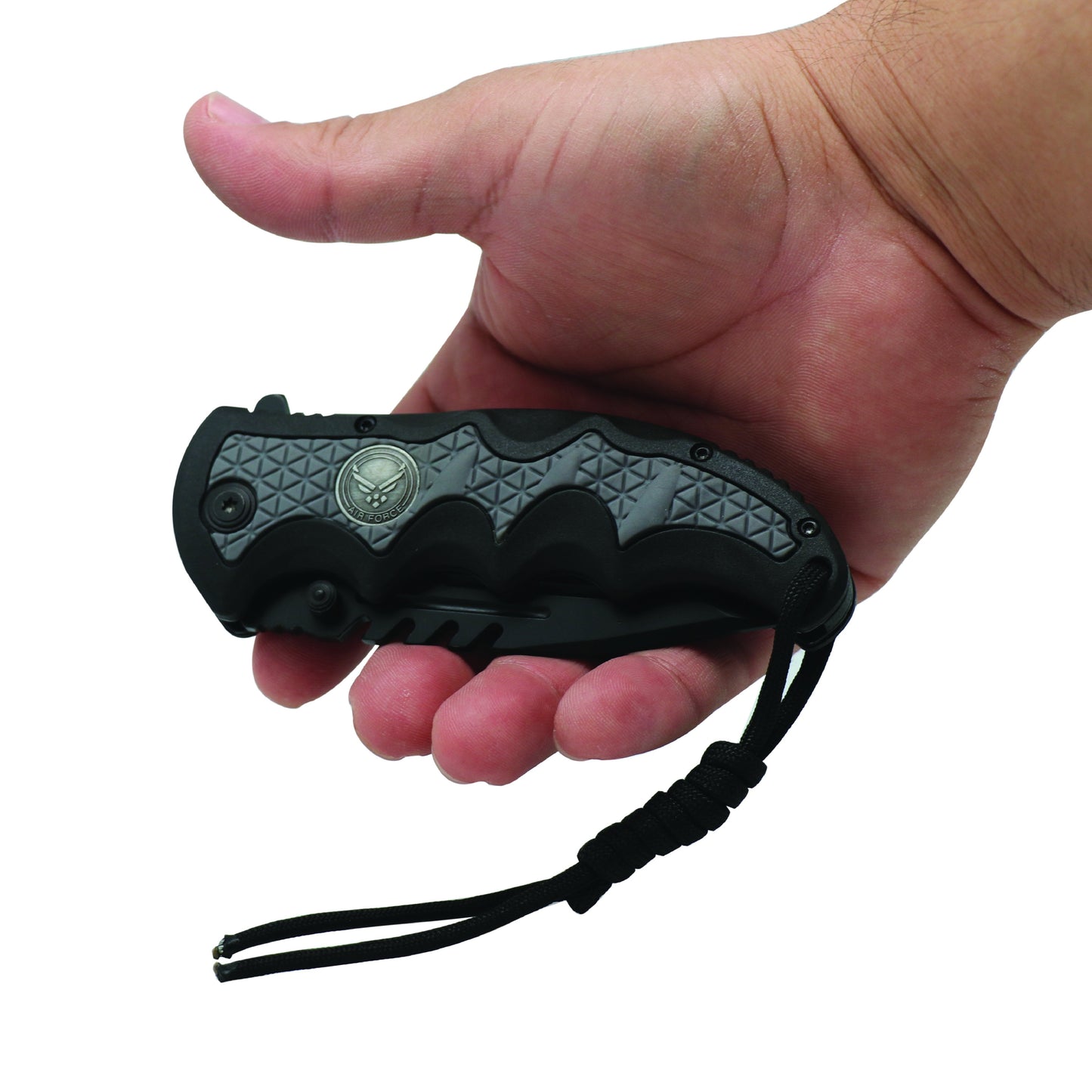 Someone holding Military Medallion 8.5" Rescue Knife - sturdy folding rescue knife featuring a military medallion design, equipped with a seatbelt cutter and glass breaker for emergencies, in white background.
