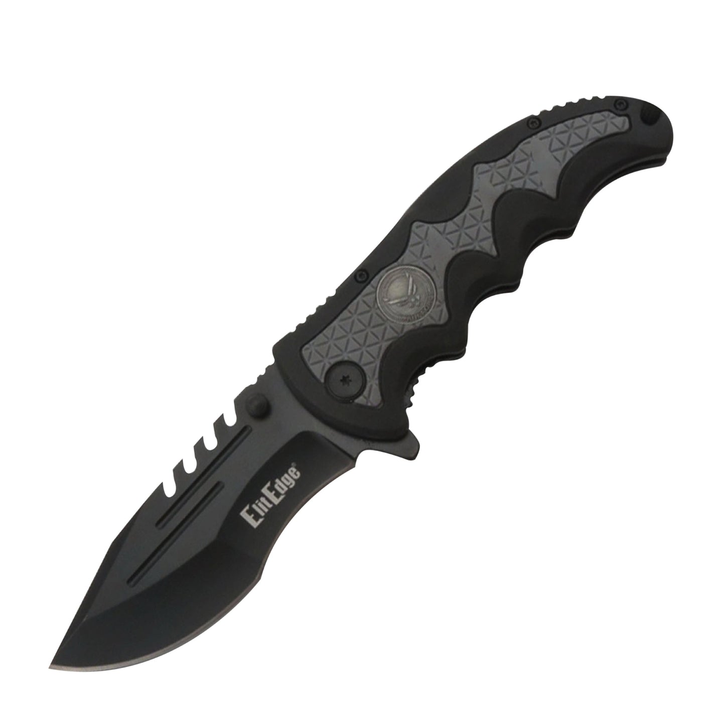 Military Medallion 8.5" Rescue Knife - sturdy folding rescue knife featuring a military medallion design, equipped with a seatbelt cutter and glass breaker for emergencies, in white background.