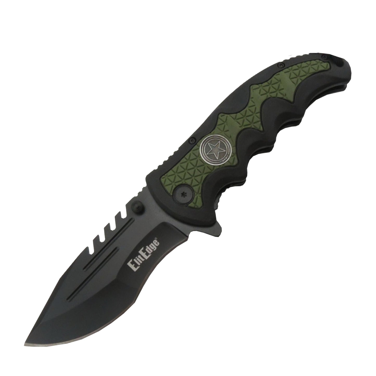 Military Medallion 8.5" Rescue Knife - sturdy folding rescue knife featuring a military medallion design, equipped with a seatbelt cutter and glass breaker for emergencies, in white background.