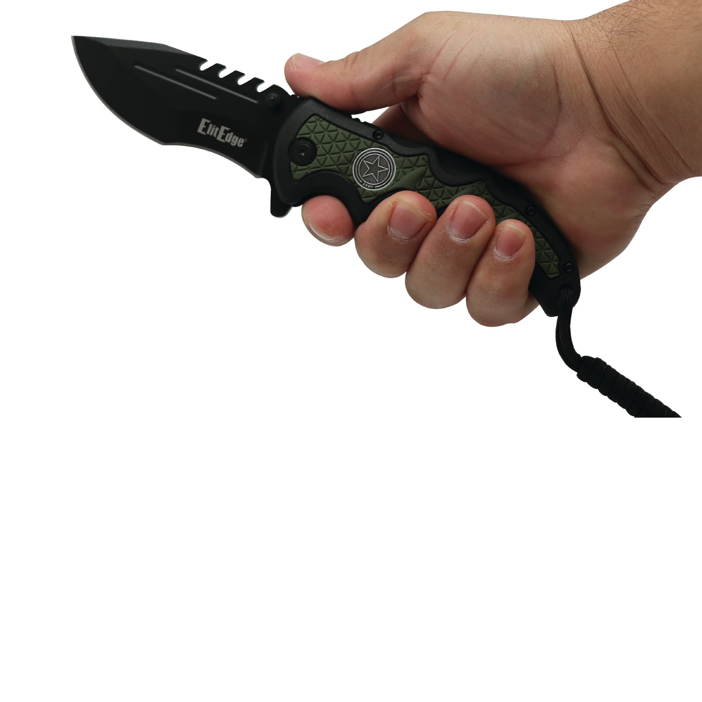 Someone holding Military Medallion 8.5" Rescue Knife - sturdy folding rescue knife featuring a military medallion design, equipped with a seatbelt cutter and glass breaker for emergencies, in white background.