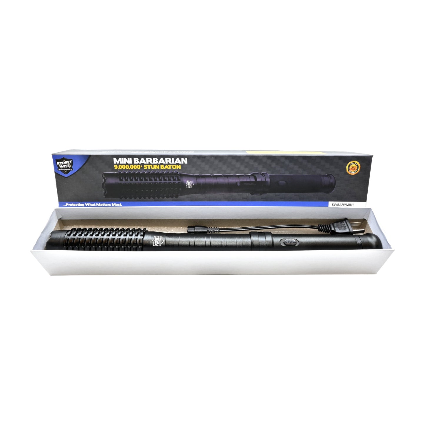 Product box of Mini Barbarian 9,000,000 Stun Baton Flashlight - compact yet powerful self-defense tool combining a high-voltage stun device with a bright tactical flashlight, in white background.