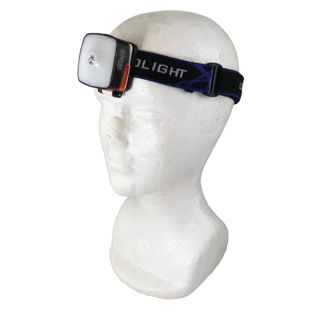 Mannequin wearing Multifunctional Rechargeable USB Headlamp - hands-free lighting solution with adjustable brightness and USB charging, perfect for outdoor and emergency use, in white background.