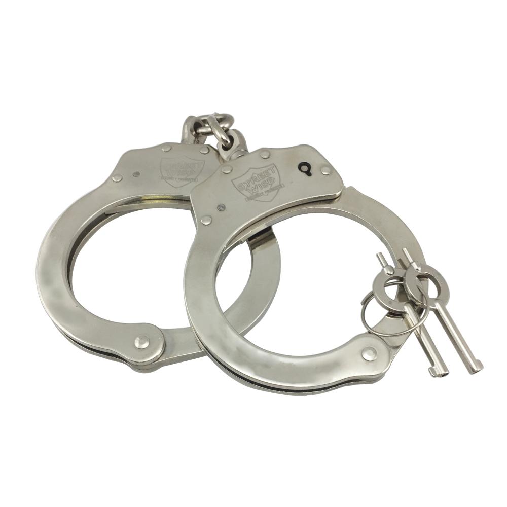Nickel Plated Steel Handcuffs - durable, professional-grade restraints with a secure locking mechanism for law enforcement or personal security use, in white background.