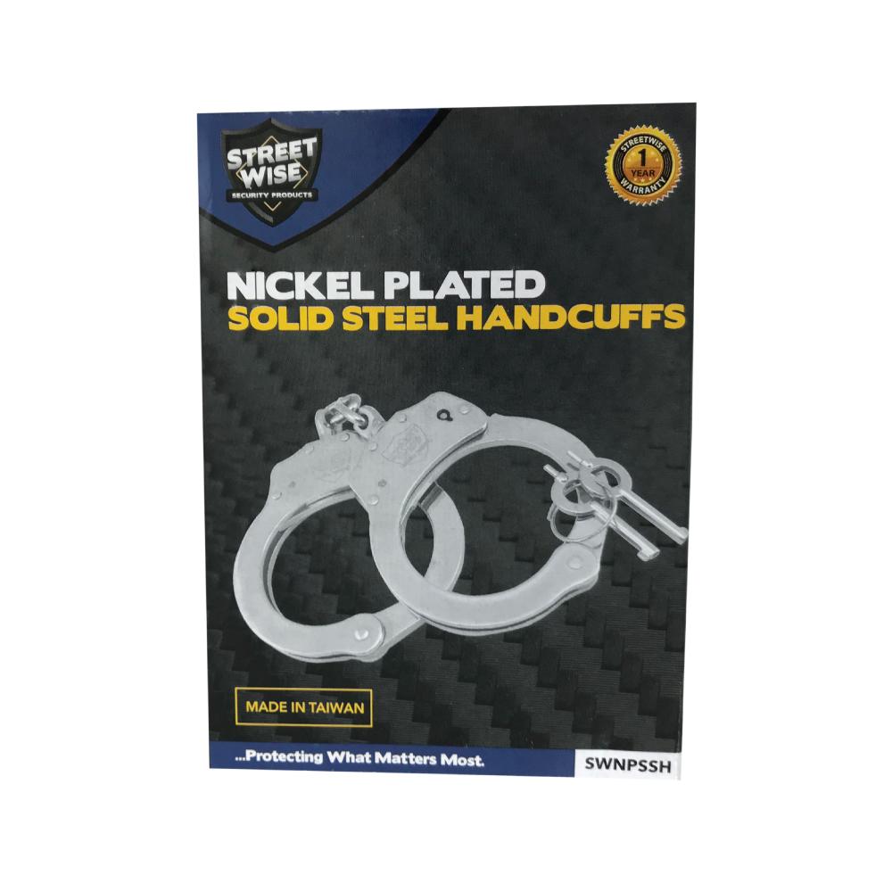 Product box for Nickel Plated Steel Handcuffs - durable, professional-grade restraints with a secure locking mechanism for law enforcement or personal security use, in white background.