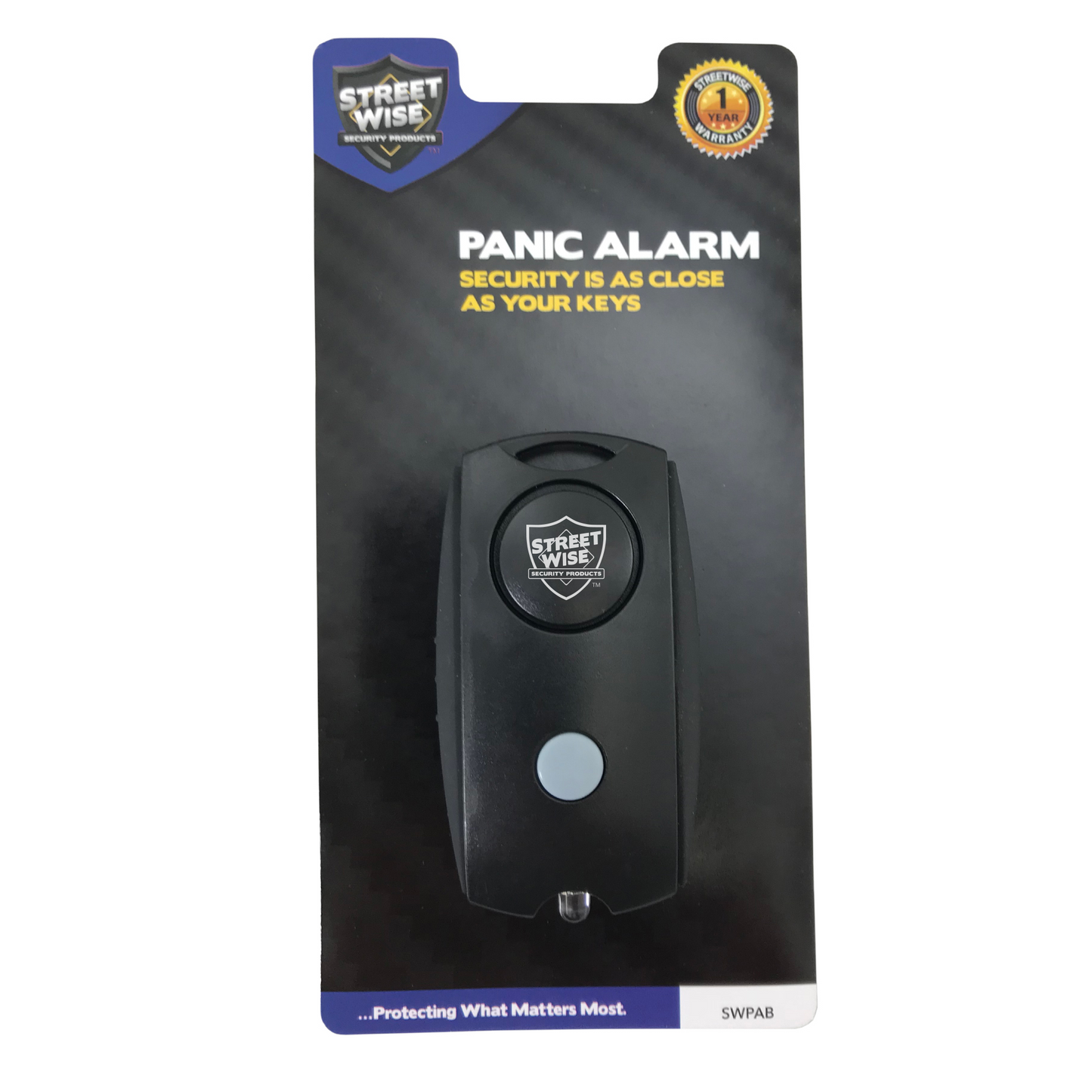 Compact panic keychain alarm with loud 130db siren and LED light for personal safety.