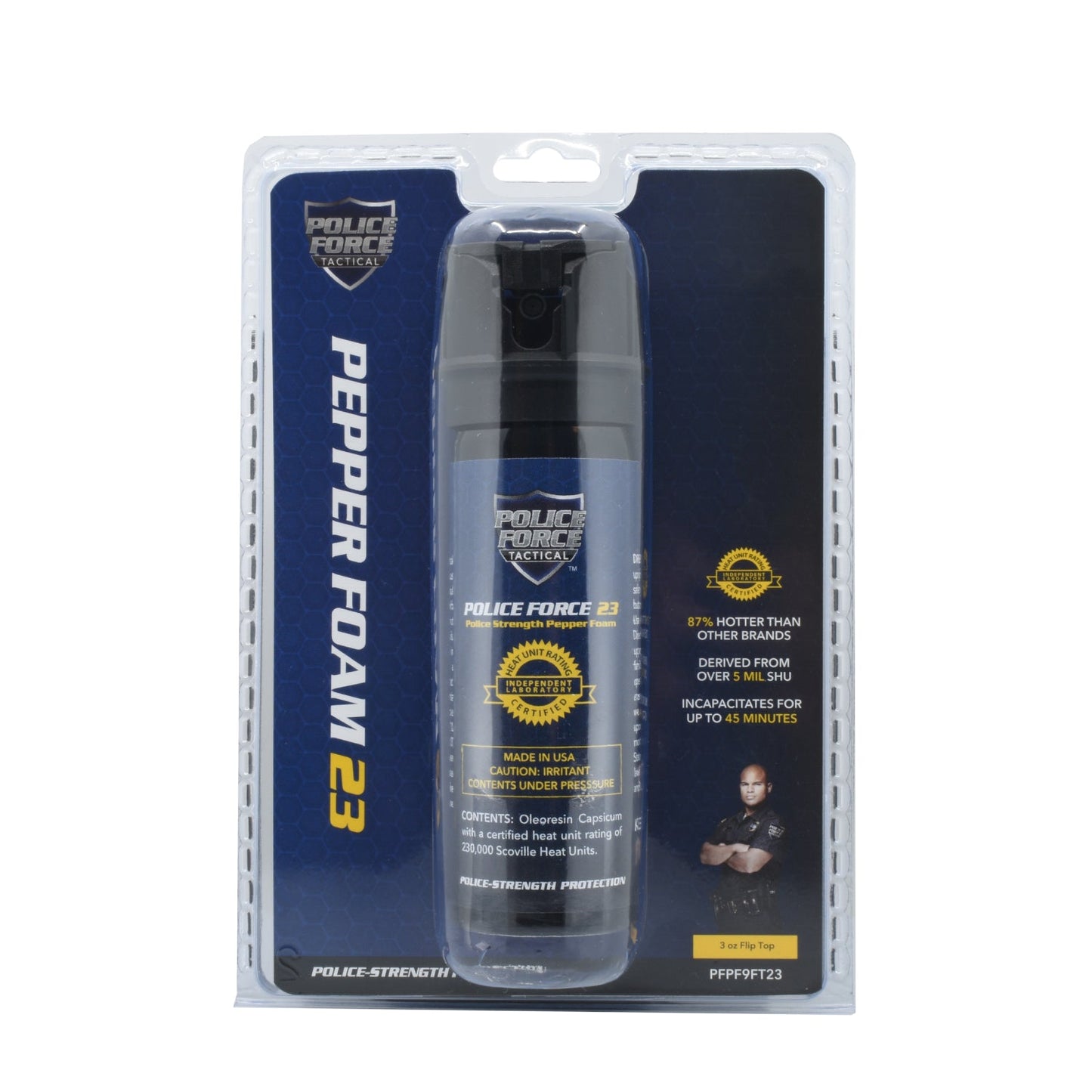 Package for Police Force 23 Pepper Foam 3 oz – high-strength self-defense spray featuring a flip-top safety lock and foam delivery system to minimize blowback and enhance accuracy in close-quarters situations, in white background.
