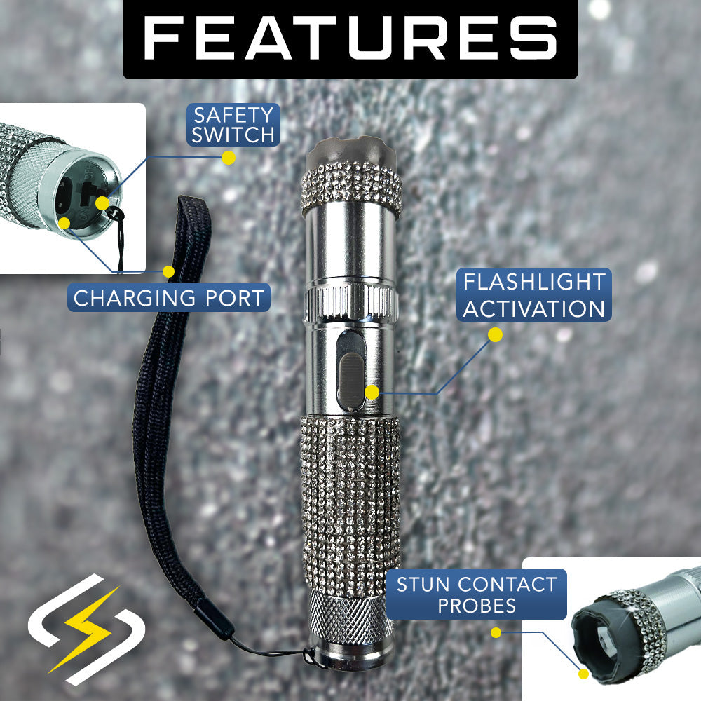 Features of Rhinestun 75,000,000 Stun Flashlight - stylish and powerful self-defense flashlight featuring rhinestone accents and a high-volage stun gun for discreet personal protection, in white background.