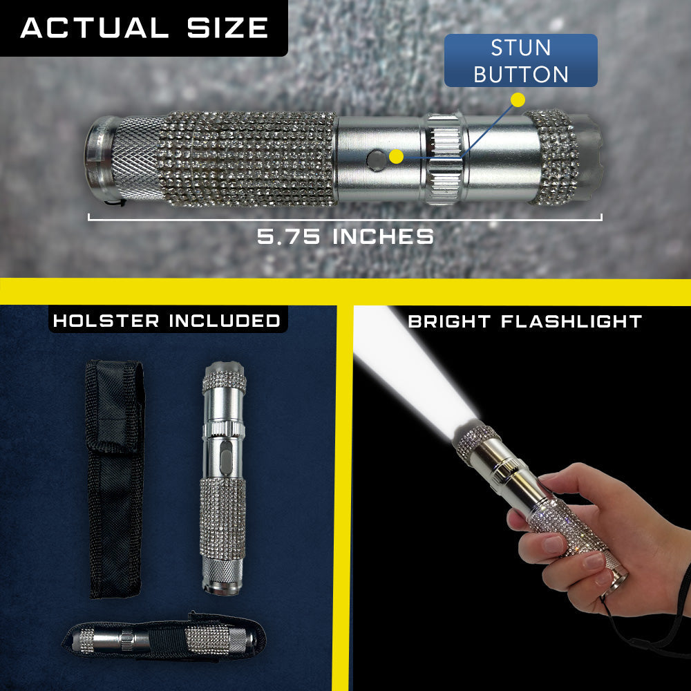 Features of Rhinestun 75,000,000 Stun Flashlight - stylish and powerful self-defense flashlight featuring rhinestone accents and a high-volage stun gun for discreet personal protection, in white background.