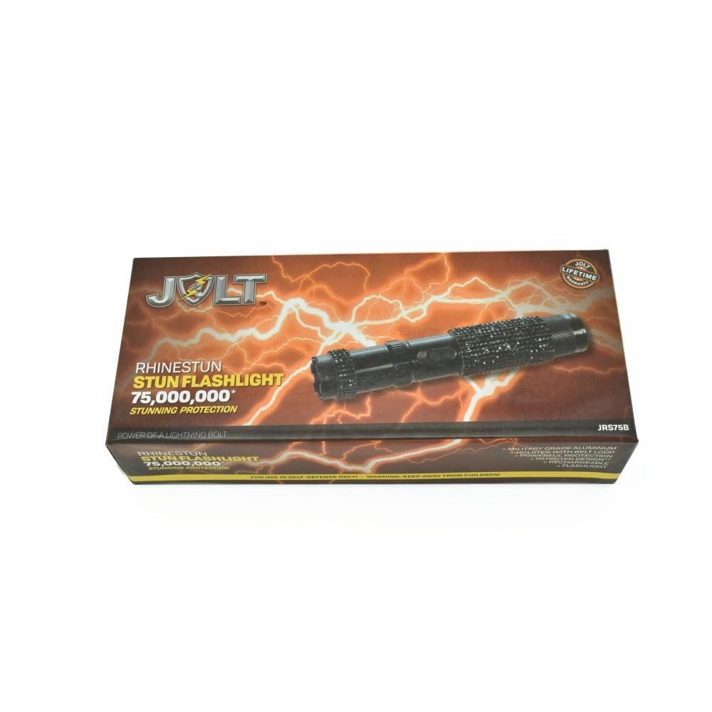 Product box for Rhinestun 75,000,000 Stun Flashlight - stylish and powerful self-defense flashlight featuring rhinestone accents and a high-volage stun gun for discreet personal protection, in white background.