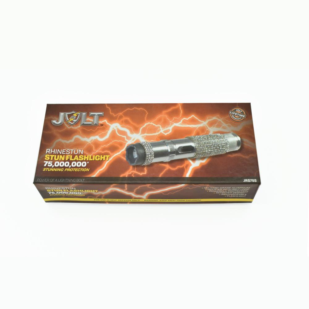 Product box for Rhinestun 75,000,000 Stun Flashlight - stylish and powerful self-defense flashlight featuring rhinestone accents and a high-volage stun gun for discreet personal protection, in white background.