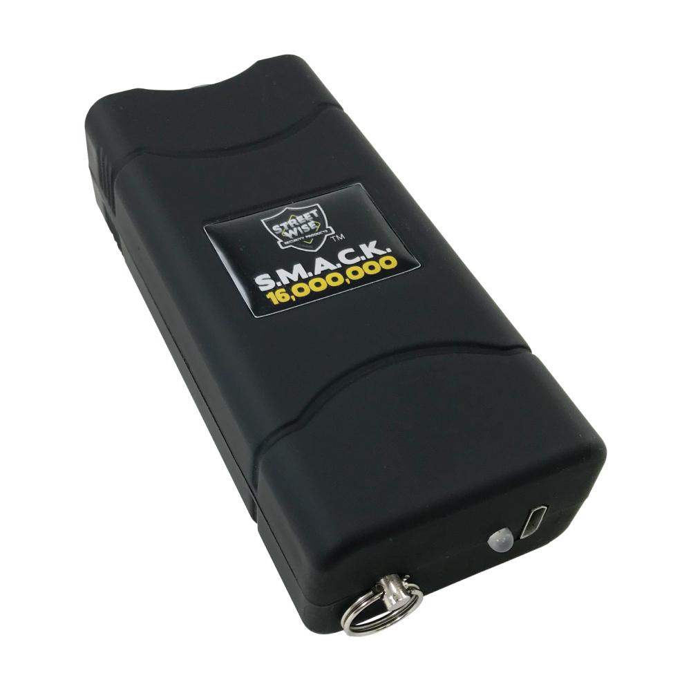 SMACK 16,000,000 Stun Gun - ultra-compact and powerful self-defense device designed to fit on a keychain for convenient everyday carry, in white background.