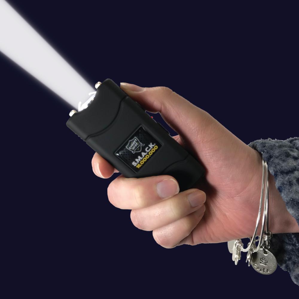SMACK 16,000,000 Stun Gun - ultra-compact and powerful self-defense device designed to fit on a keychain for convenient everyday carry, in black background.