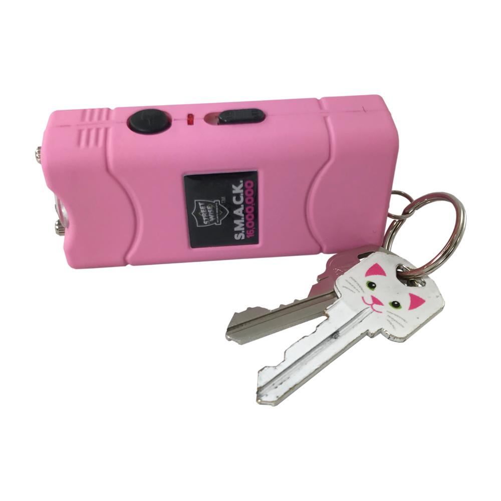 SMACK 16,000,000 Stun Gun - ultra-compact and powerful self-defense device designed to fit on a keychain for convenient everyday carry, in white background.