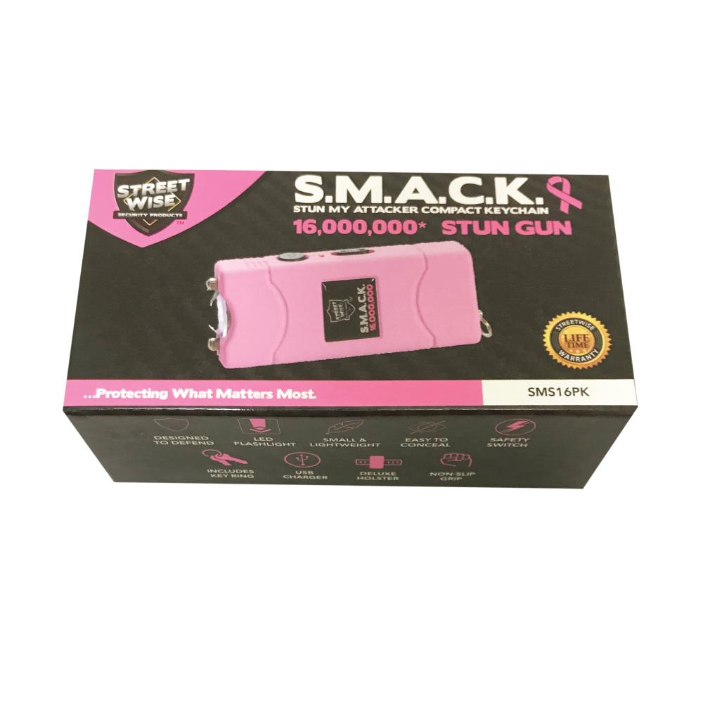 Product box of SMACK 16,000,000 Stun Gun - ultra-compact and powerful self-defense device designed to fit on a keychain for convenient everyday carry, in white background.