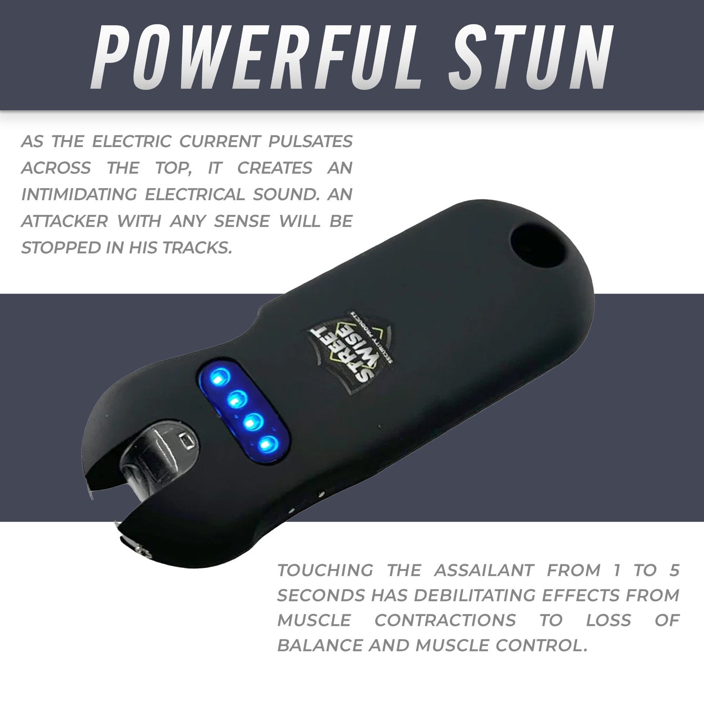 Features of SMART 24,000,000 Keychain Stun Gun - ultra-compact self-defense device with a built-in keychain attachment for convenient everyday carry, in white background.